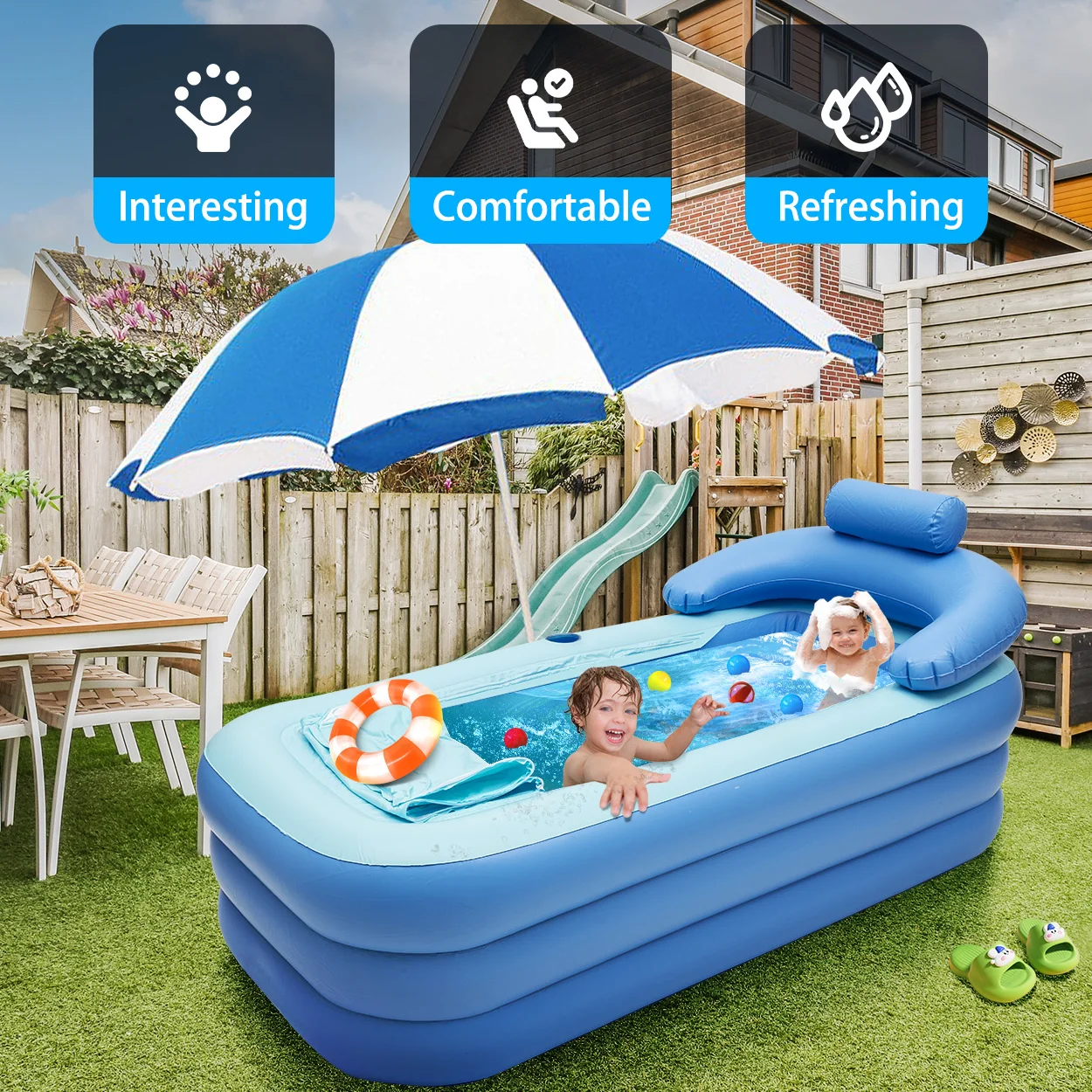 1.5m Inflatable Bathtub Foldable Travel Shower Tub Home Spa Bath Hot Cold PVC Swimming Pool Outdoor Soaking Bath Large Hot Tub