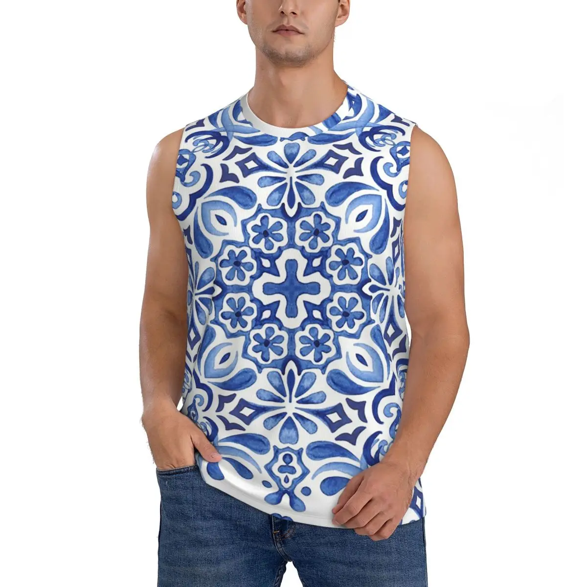Mediterranean Mosaic Tiles Azulejos Men Sleeveless Tank Tops Quick Dry Breathable Gym Fitness Running Summer Casual Sport Vest