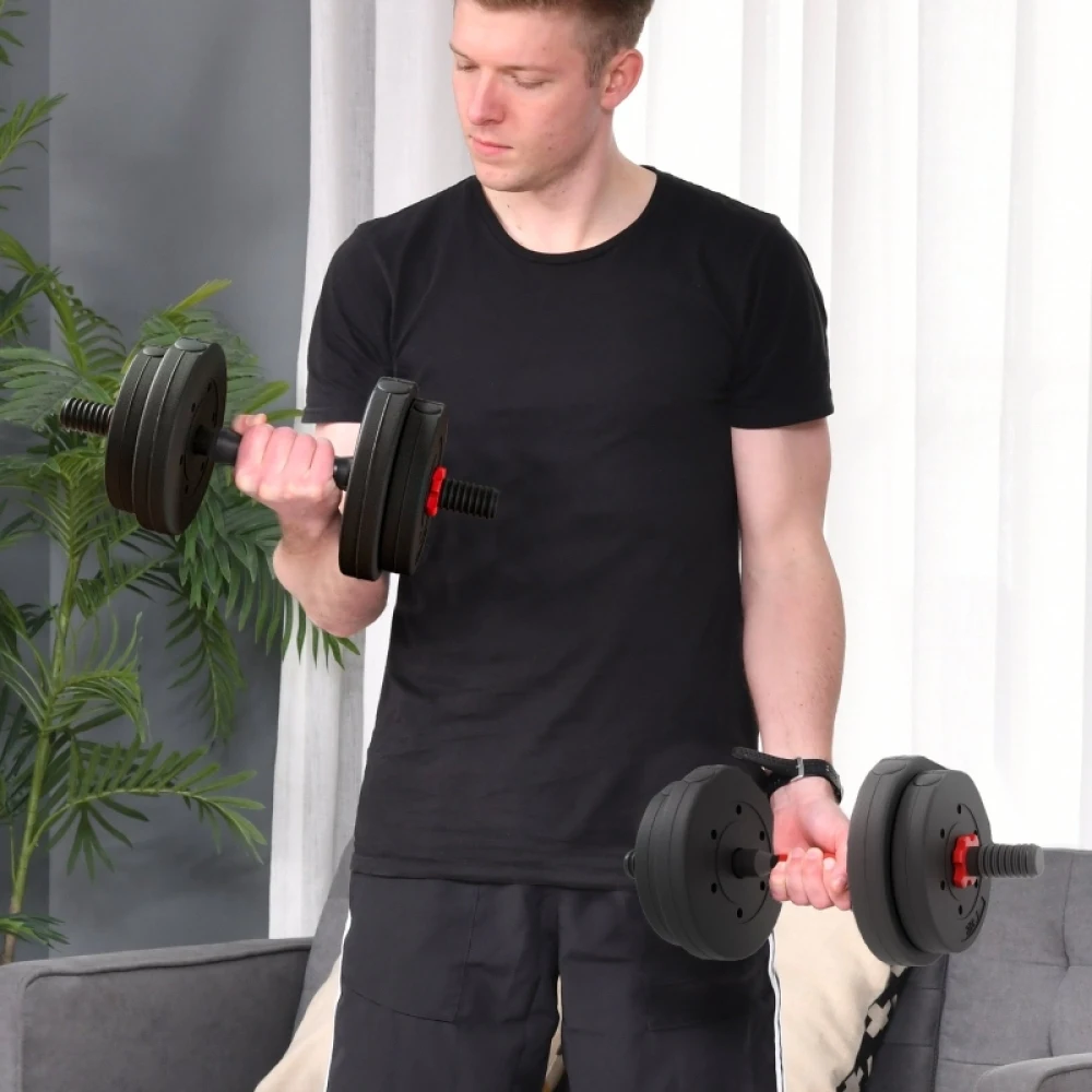 Ensemble haltères et barre d'haltères 2-en-1 réglable 15 kg, barre courte 40 cm, barre d'extension totale 112 cm, plaques de poids revêtues de HDPE, poignée métallique antidérapante, équipement de fitness pour entraînement complet du corps (biceps, triceps, pectoraux, dos, épaules) à domicile ou au bureau