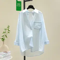 Women's Korean Style Simple Button Sunscreen Cardigan Summer Lapel Long Sleeve Oversized Thin Shirt Solid Irregular Tunic Blouse