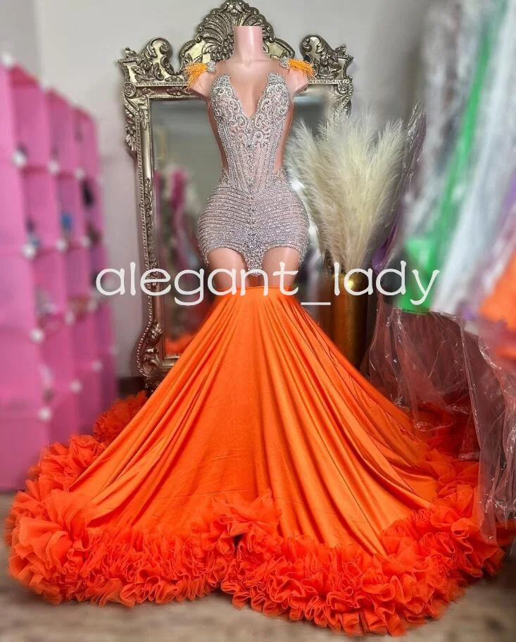 Orange Long Mermaid Sparkly Prom Formal Dresses for Women customsized Luxury Diamond Crystal Feather Evening Birthday Gala Gown