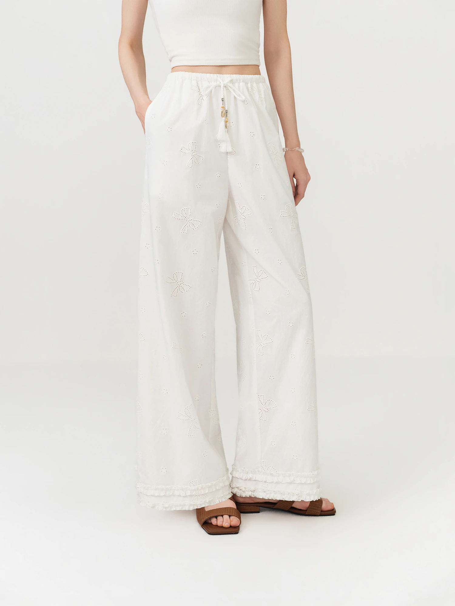 FSLE 2026 Women's Cotton Lace Cut-out Wide Leg Pants Crochet Embroidered Ankle-Length Trousers for Bohemian Beach Vacation Style
