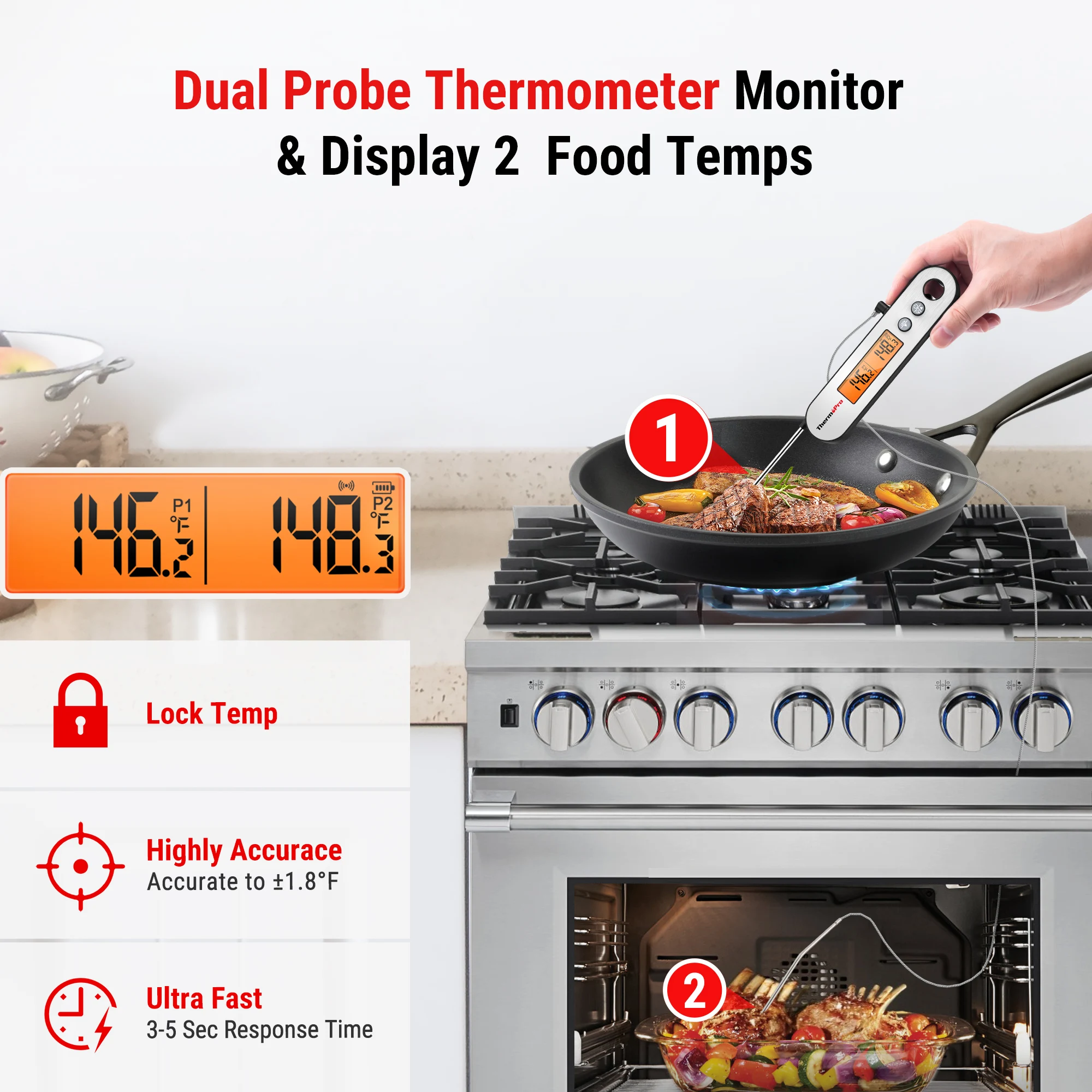 ThermoPro TP610 Rechargable Waterproof Backlight 2 In 1 Folding Wired Probe Digital Kitchen Cooking Oven BBQ Meat Thermometer