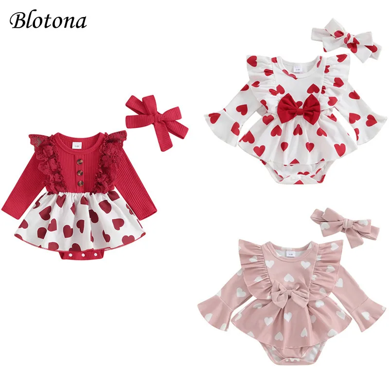 

Blotona Newborn Girl Outfit, Long Sleeve Crew Neck Heart Print Bow Romper with Hairband Valentine's Day Bodysuit Clothes 0-18M