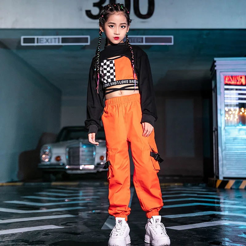 Modern Cheerleader Stage Performance Wear Hip Hop Dance Costumes For Kids Street Dance Clothes Orange Kpop Outfits Girls