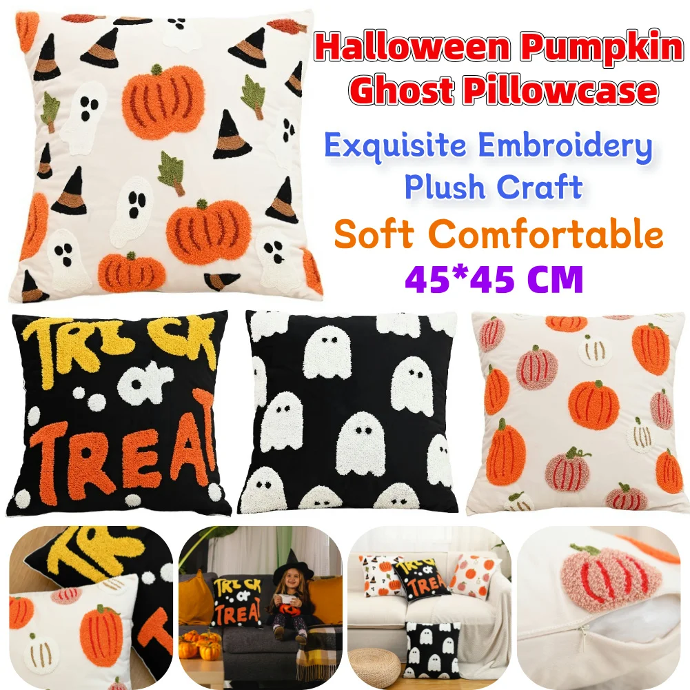 

Halloween Embroidered Decorative Pillow Cover Couch Cushion Cover Ghost Pumpkin Pillowcase for Living Room Sofa