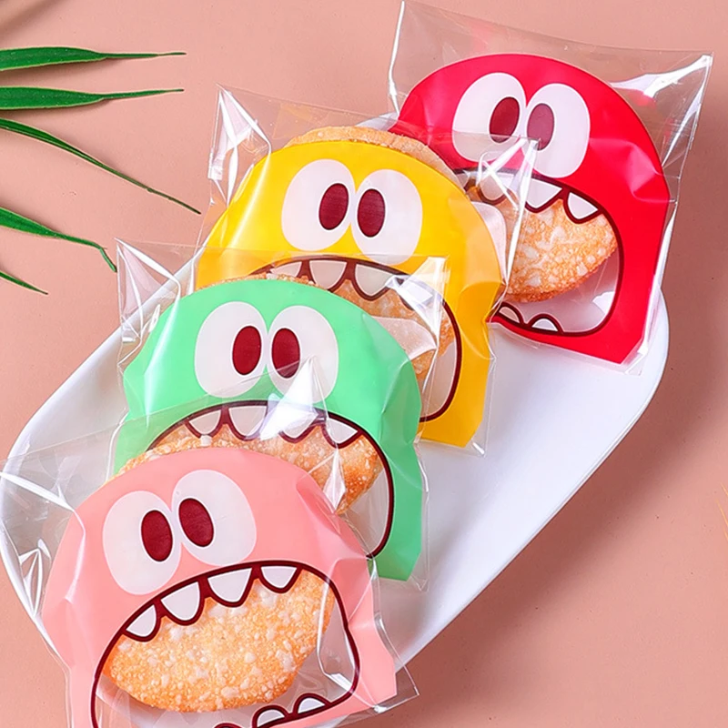 100PCS Cute Cartoon Monster Cookie Candy Self-Adhesive Plastic Bags For Biscuits Snack Baking Supplies Ramadan Valentine\'s Day