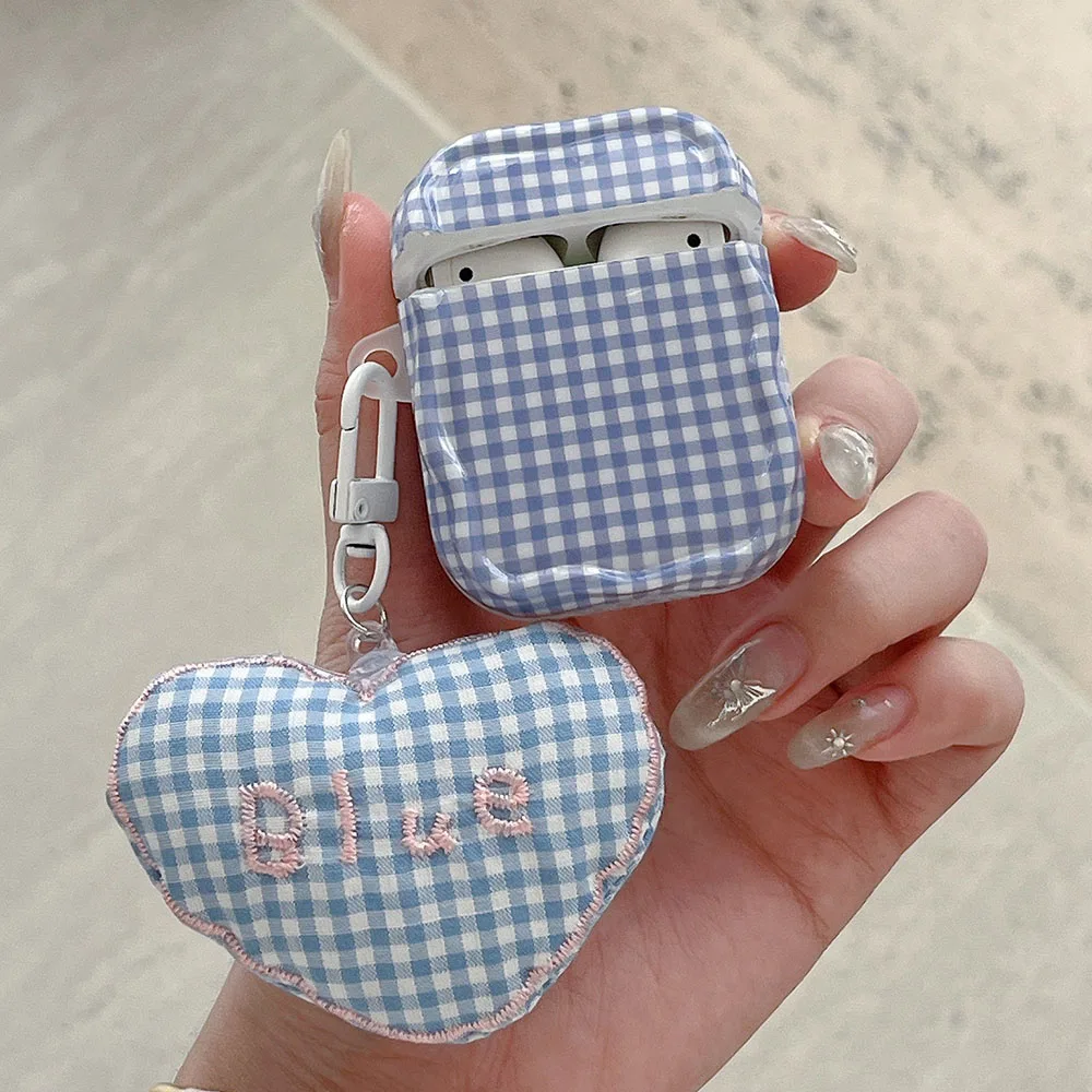 Korea Pink Blue Lattice Pattern with Love Heart Pendant Earphone Case For AirPods Pro 2 Girls Headset Box Funda For Airpod 1 2 3