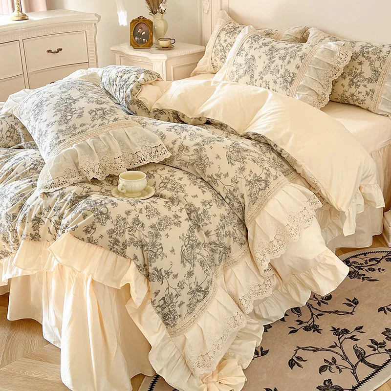 Romantic French Country Style Bedding Set - 100% Cotton Floral Print, Lace Embroidered Duvet Cover with Detachable Skirt