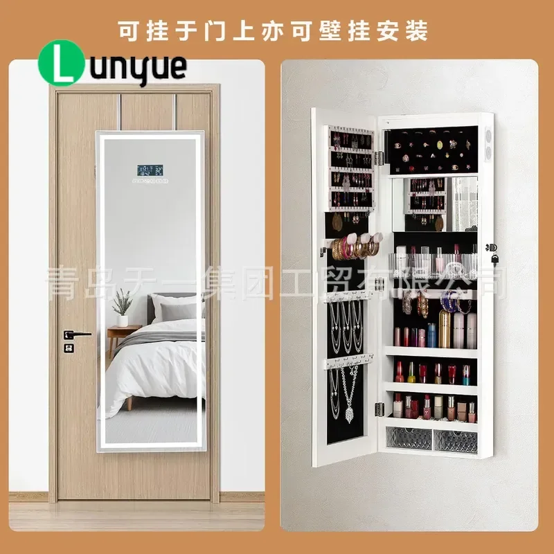 Wall Mounted Jewelry Cabinet with LED Lights Bluetooth Speaker Full Length Mirror Storage Locker Multi Functional Vanity