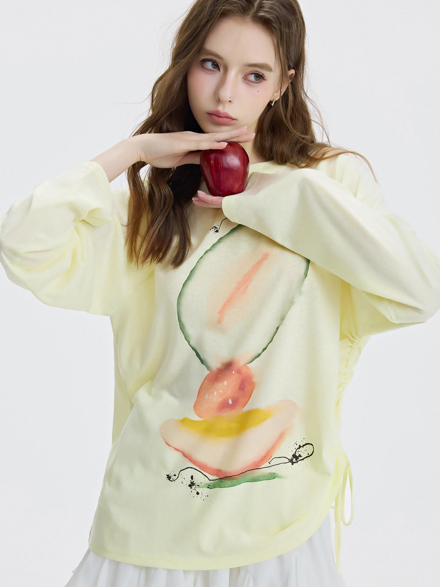 

JfYanYan Summer Watermelon Fruit Print Long Sve Women's T-irt Mid-Length Dstring Top Lyocell Cover up Artistic Sle