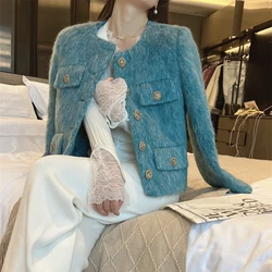 Cappotto di giacca di lana blu di lusso di alta qualità 2023 nuovo autunno inverno donna O collo monopetto spesso caldo corto capispalla moda