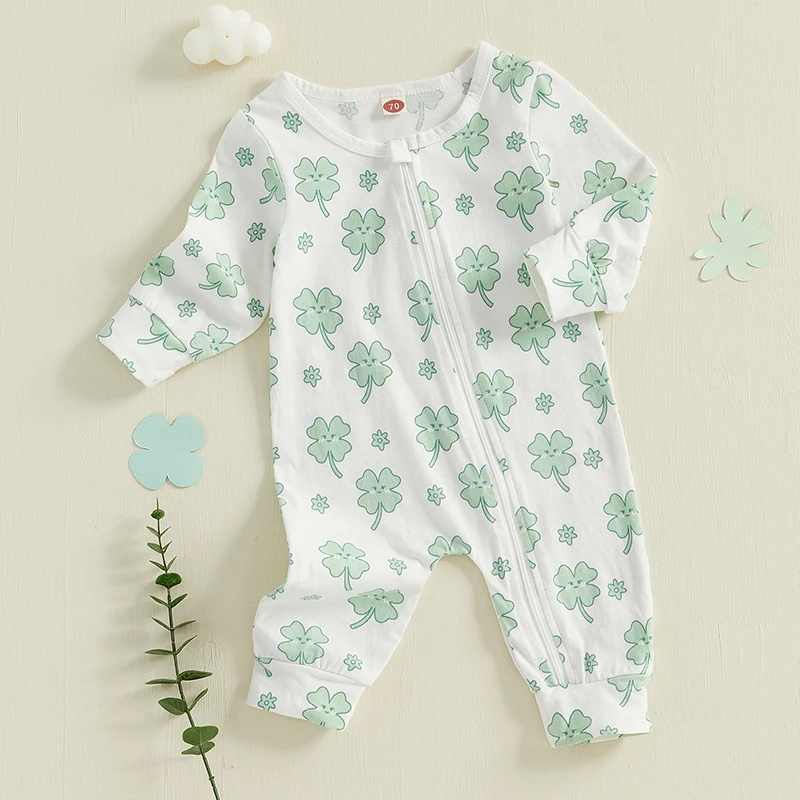 Toddler Baby Irish Day Romper Casual Clover Print Zipper Long Sleeve Jumpsuit for Newborn Girl Boy Cute Clothes