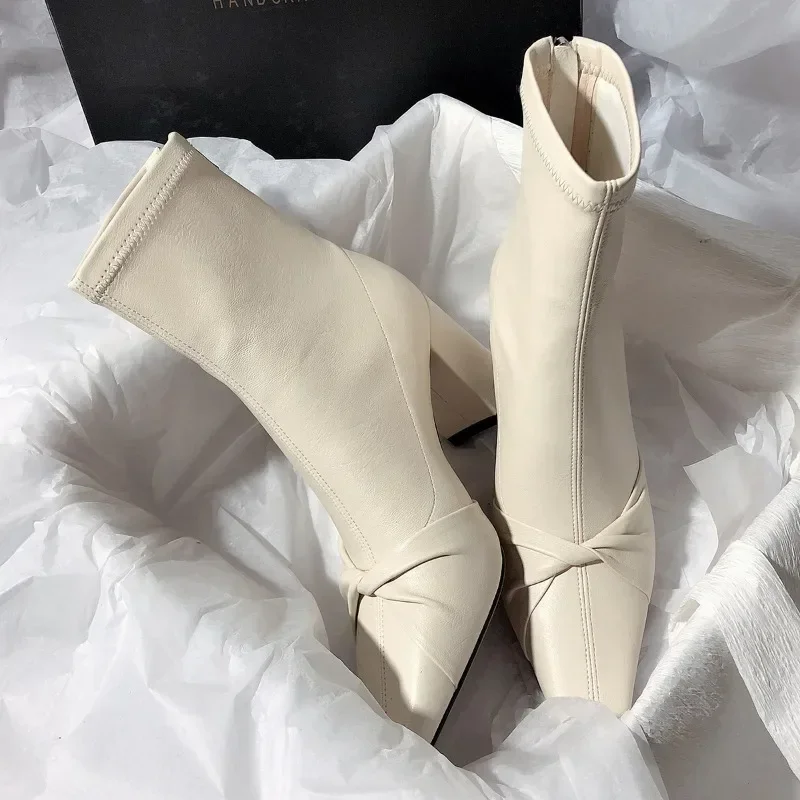 Women Boots  Winter High Heels Korean Bow Square Toe Retro Ankle Boots Chunky Heels Dress Shoes Elastic Short Botas De Mujer