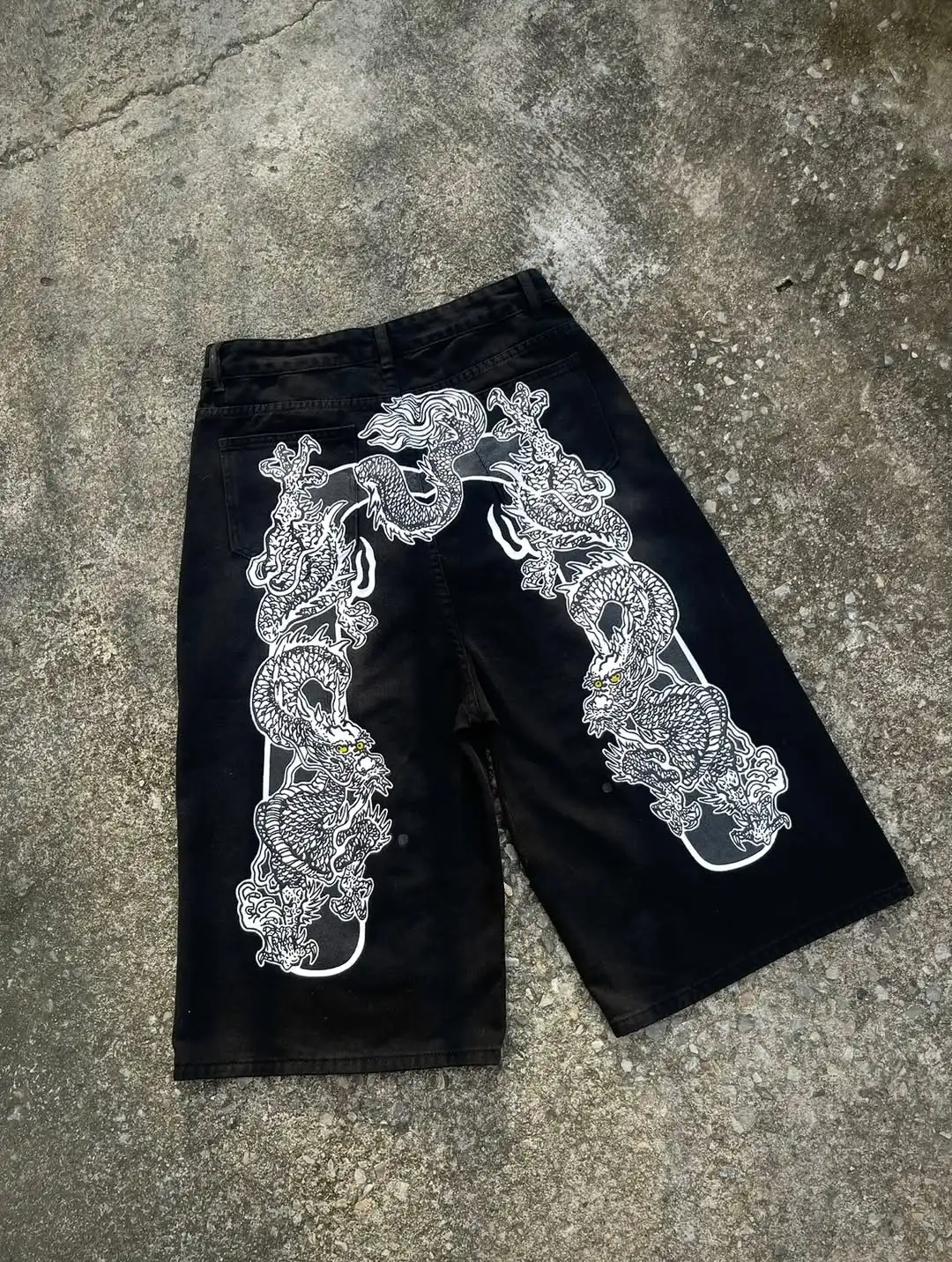 Y2Kニューダラゴン柄デニムショートパンツ ヴィンテージジーンズ メンズ レディース ストリート ヒップホップ ファッション 原宿 パンク ルーズ ハイウエスト ワイドレッグパンツ