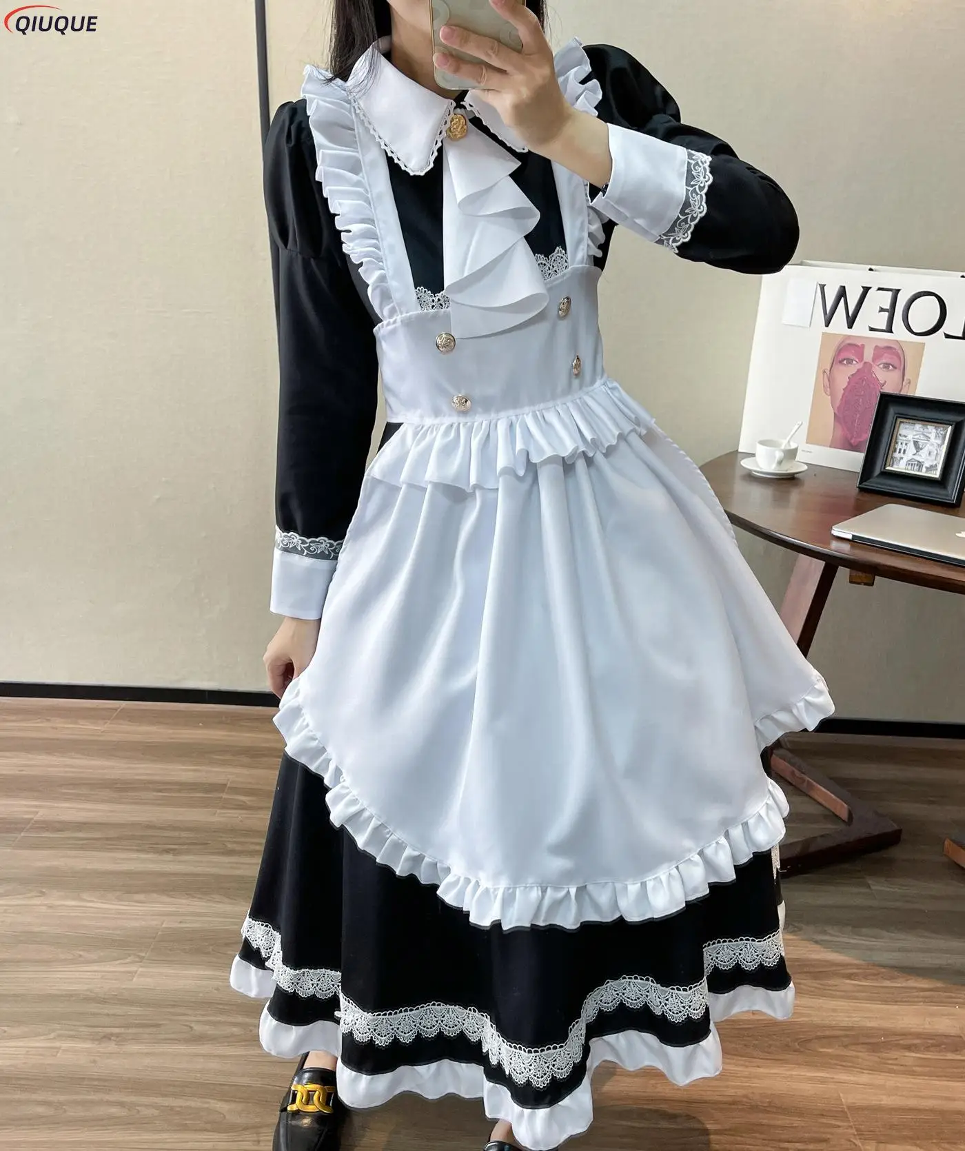 Vrouwen Maid Outfit Lolita Dress Leuke Kawaii Cafe Kostuum Zwart Wit Mannen Uniform Lange Schort Jurk Mucama Cosplay Kostuum