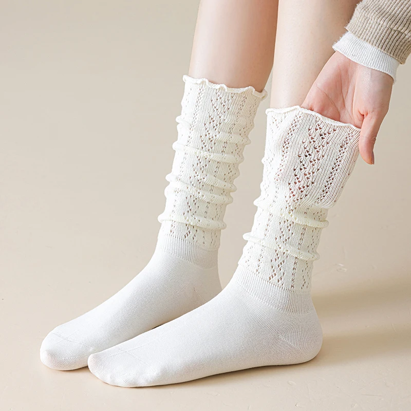 Women's Stockings New Autumn Trendy Solid Color Long Socks For Women Korean Style Hollow Out Fashion Frilly Sweet Loose Socks