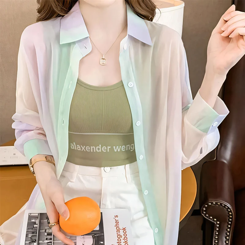Summer New POLO Collar High Street Long Sleeve Shirt Women High Street Casual Loose Gradient Cardigan Elegant Thin Style Tops