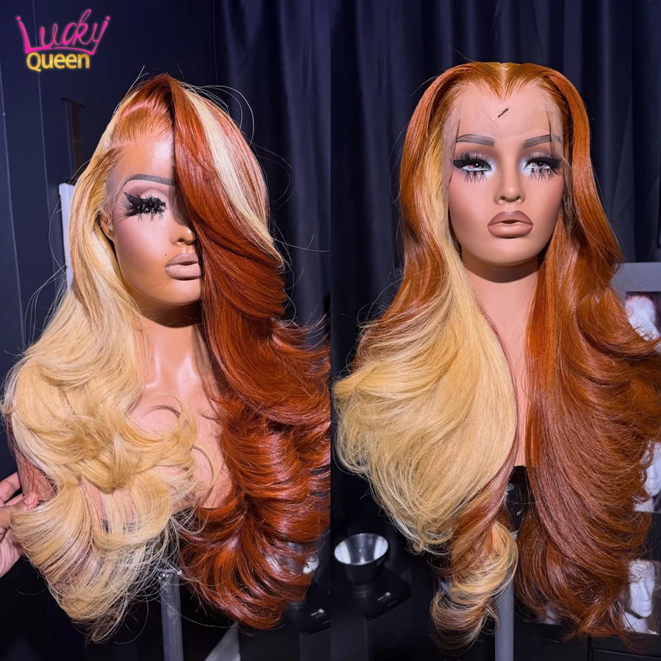 

Half Blonde Highlights with Orange Remy Human Hair Frontal Wigs 180% 7X5Glueless Transparent Lace Wavy For Women 5X5 Pre Plucked