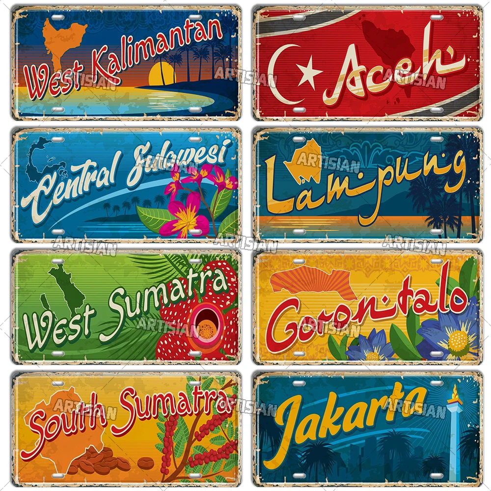 Artisian Indonesia Ctiy Asia State Province Metal Sign Landmark License Plate Travel Car Plate Decorative Tin Plaque Wall Decor