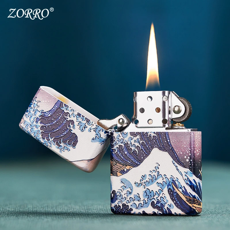 ZORRO High End Super Hot Retro Kerosine Painted Kanagawa Surfing Lighter, Gift From Friends, Windproof Lighter Trendy Painting