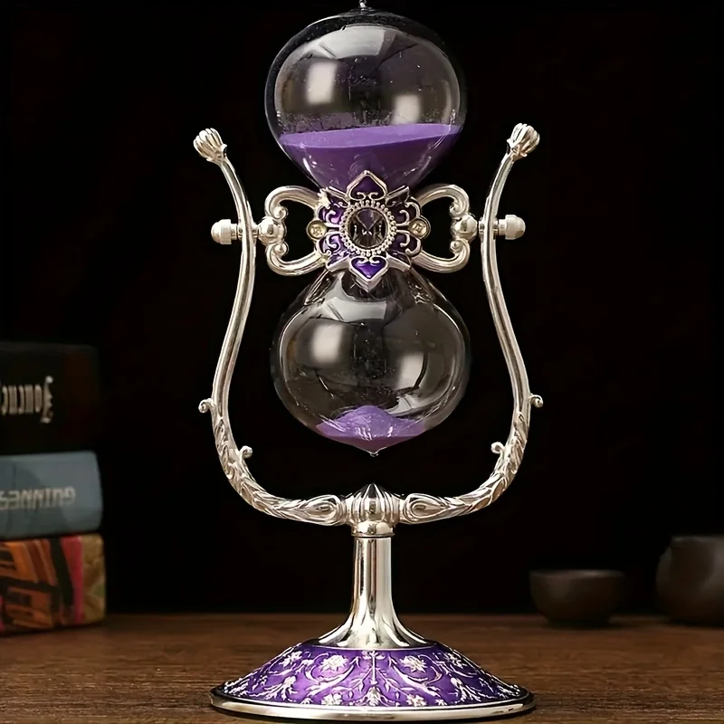 

1PC Elegant Vintage Glass U-Shaped Hourglass with Metal Stand Non-Electric Battery-Free Timer for Office Study Desk Decor