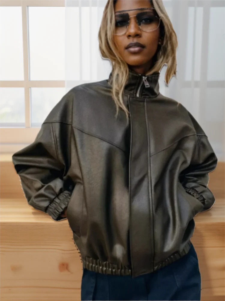 Vintage 2026 Fall Winter Brown Business Casual Faux Leather Women Jackets Chic Vintage Spliced Zipper Christmas Ladies Jackets