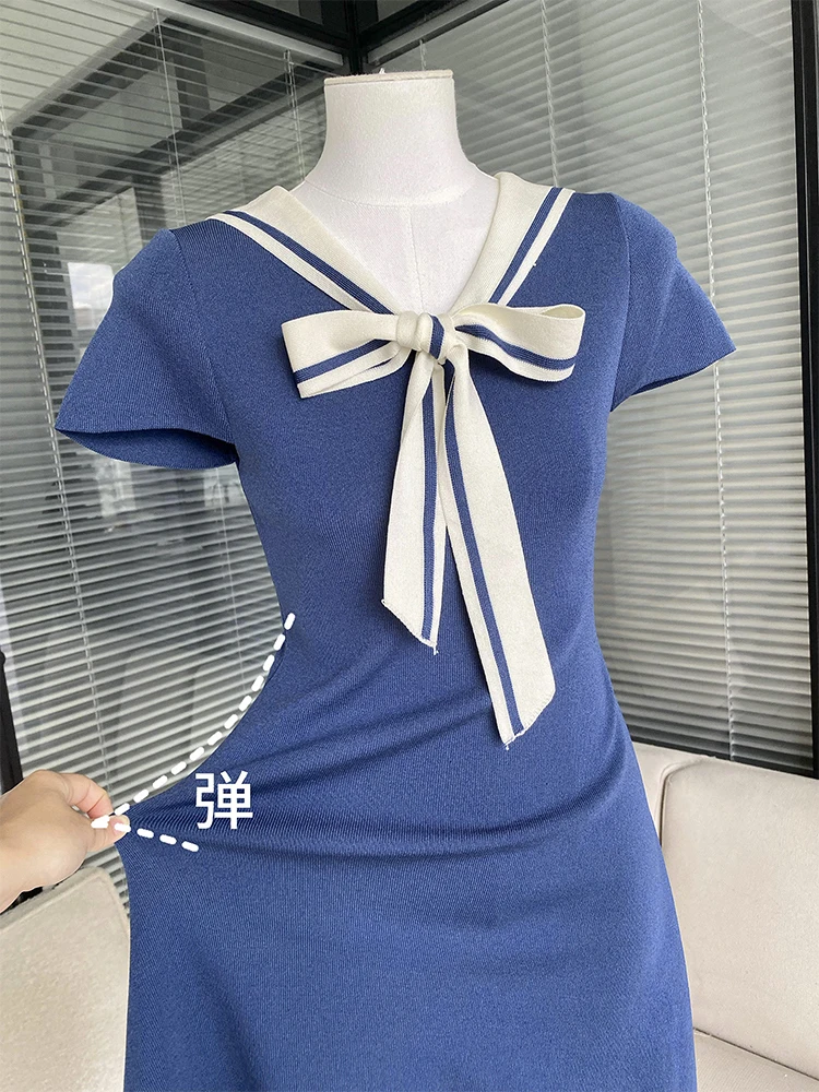 Summer French Vintage Mini Short Sleeve Knit Dress Women Party Mori Girl Sailor Collar Frocks Coquette Gyaru 2000s Aesthetic