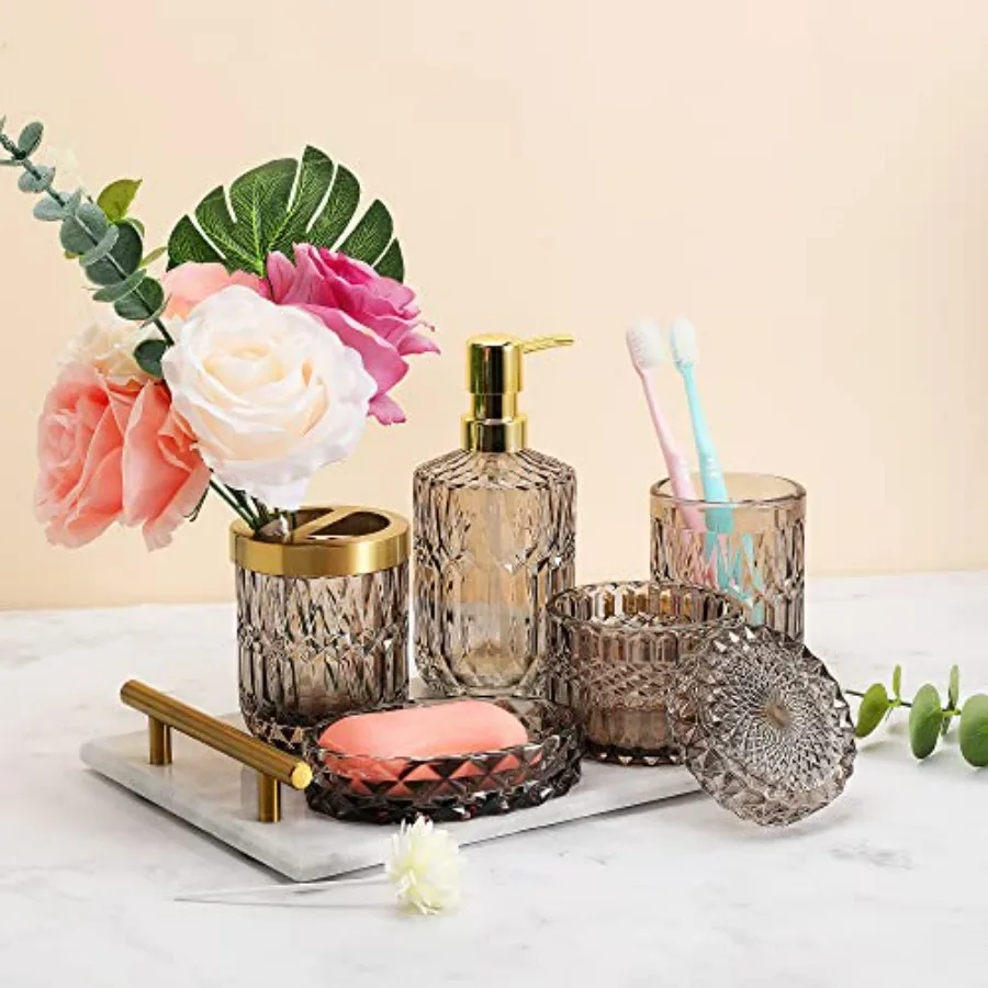 

Набор из 5 предметов для ванной комнаты: современный дизайн, прозрачный цвет, полный комплект (дозатор для лосьона, мыльница, держатель для зубных щеток)