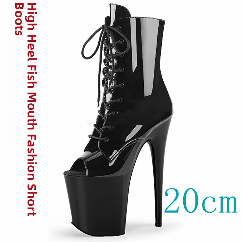 Sexy Low Top Patent Leather Short Boots Ultra High Heels 20cm Slim Heel Waterproof Platform Hate  High Fish Mouth Women's ...