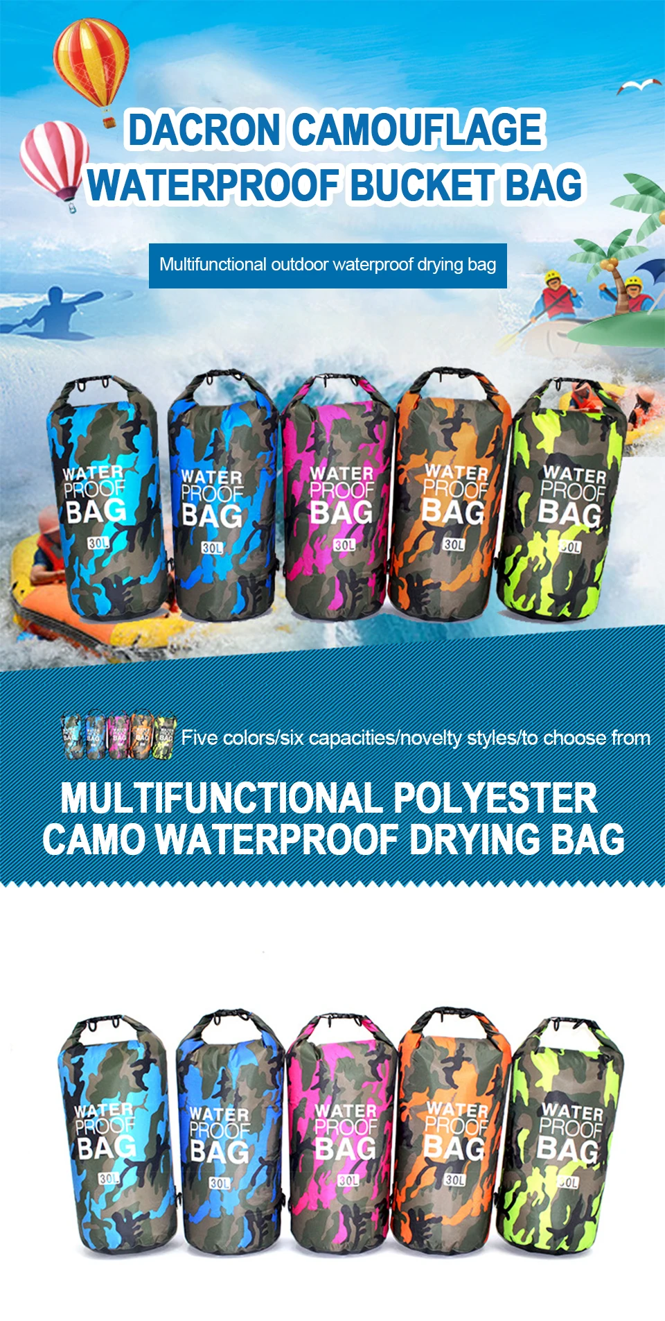 2/5/10/15/30L Outdoor Camouflage Wasserdichte Trockentaschen Tragbare Rafting Tauchen Trockentasche Sack PVC Schwimmtaschen für Flusstrekking – Detail 1