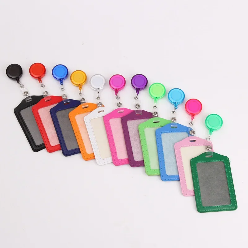 Hot Sales 1 Piece PU Leather ID Card Holder With Retractable Badge Holder Clip Nurse Worker Students Name Card Holder Lanyard