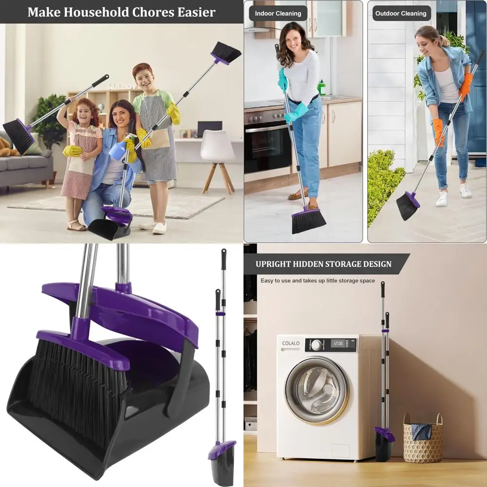 

Purple 51 Long-Handled Broom and Dustpan Set, Windproof with Self-Cleaning Bristles, Ideal for Home and Office Cleaning