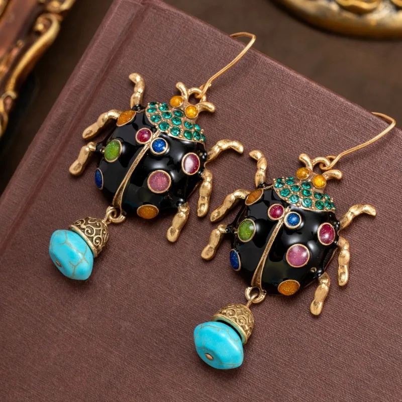 Vintage Enamel Seven-Star Ladybug Tassel Earrings For Women, Palace Style Inlaid Blue Turquoise Retro Dangle Jewelry