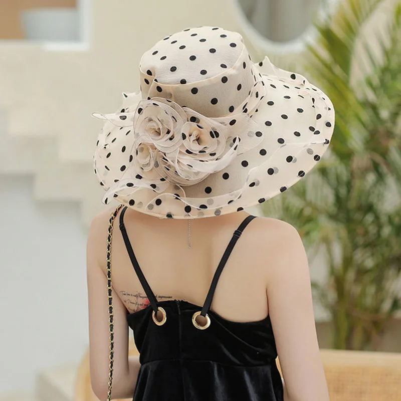 Elegant temperament Hat For Women Dot Chiffon Bucket Hat Organza breathable Beach Hat summer big eaves sunshade fisherman hat