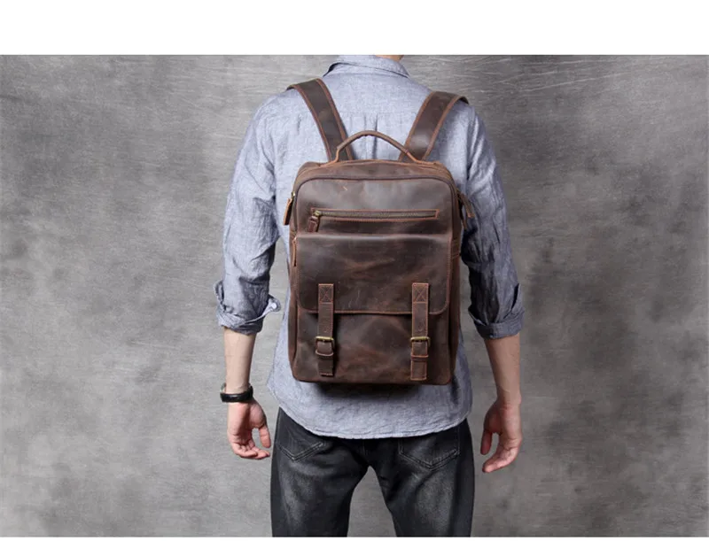 PNDME high quality crazy horse cowhide men's laptop backpack casual vintage genuine leather designer bagpack brown bookbags