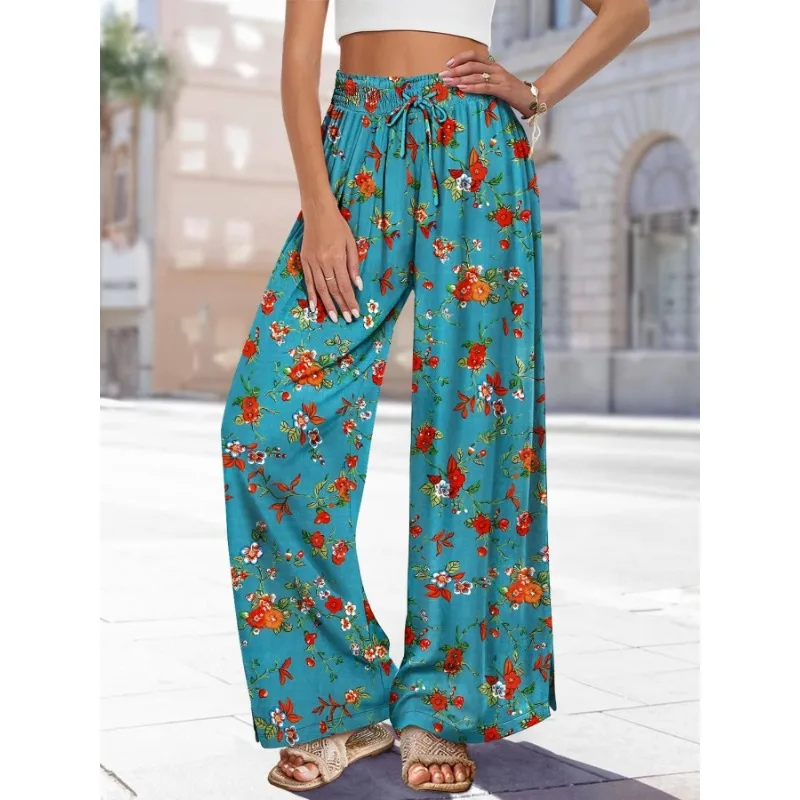 

Женские летние стильные широкие брюки больших размеров с высокой талией, повседневные домашние брюки с цветочным принтом и карманами, брюки