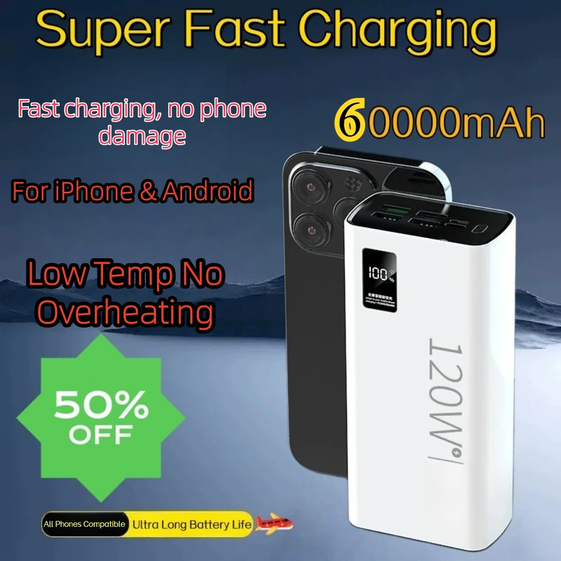 Power Bank Comes with Cable 60000mAh Fast Charging External Battery Charger Cases For iPhone Series Xiaomi Samsung