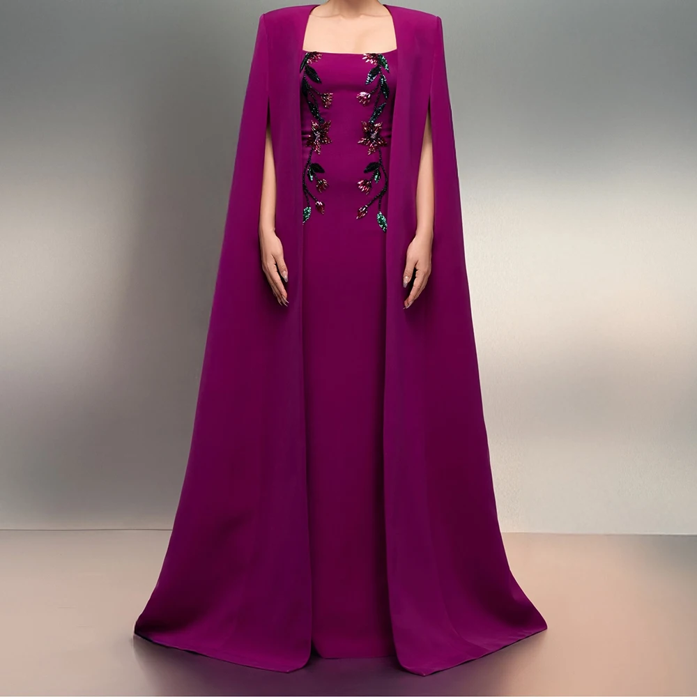 

Customized A-line Evening Dresses Floor-length Square Collar Full Sleeve Prom Gown Fashion Crystal Sequined Flowers Party Gown