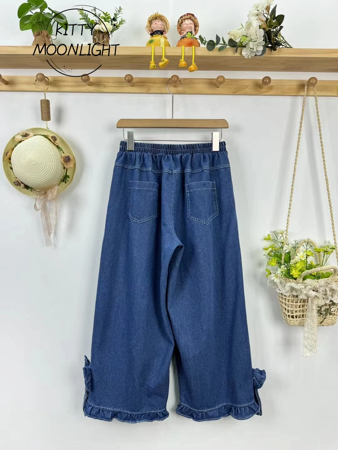 Vintage Blue Denimjeans for Women Autumn Japanese Mori Girl Sweet Pants High Waist Ruffled Straight Jeans Retro Wide Leg Trouser