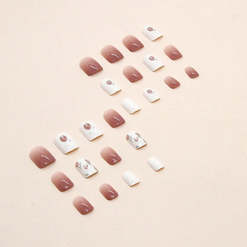 24 PCs Short French Gradient Simple Floral Nails with 1 Jelly Glue and 1 Nail File