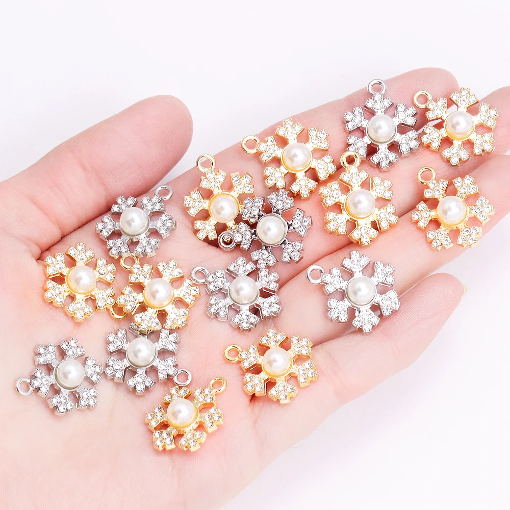 10Pcs Delicate Pearl Zircon Snowflake Pendant Alloy Metal Charms for Diy Jewelry Making Necklaces Earrings Craft Accessories