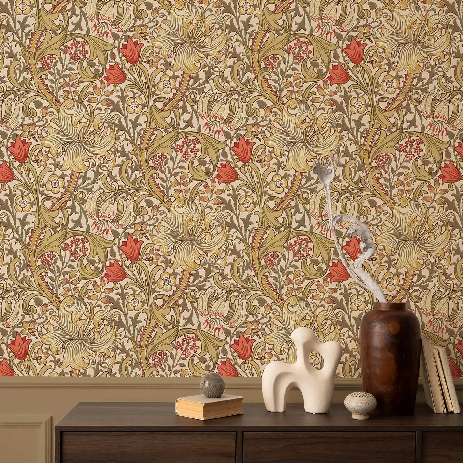 

Golden lily Wallpaper in warm beige, Vintage floral Wall paper with handdrawn Green Leaf Designs for Home Decoration