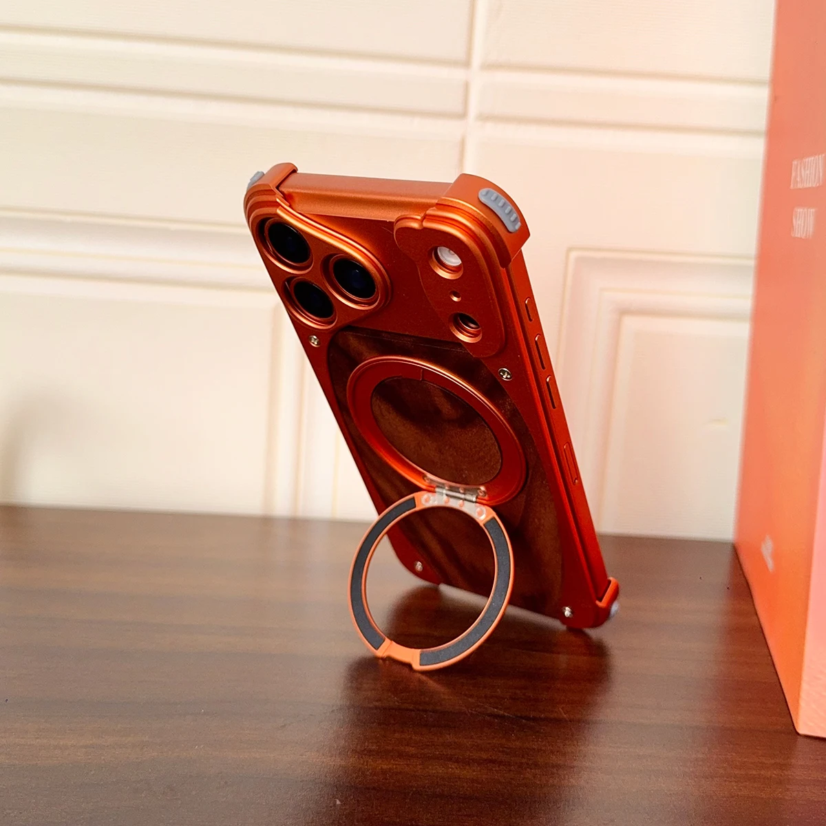 Aluminum Magnetic Wooden Case for iPhone 18 17 Pro Max 18 17 Pro Cover Walnut Real Wood Mag-safe Free Rotation Stand Shell