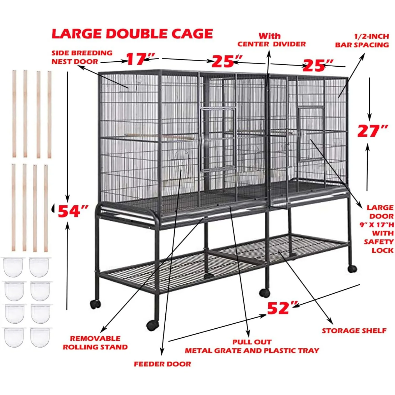 Casa para pájaros doble grande, casa para árboles, centro de vuelo para pájaros, jaula divisora con puertas laterales para nido de cría, soporte rodante extraíble