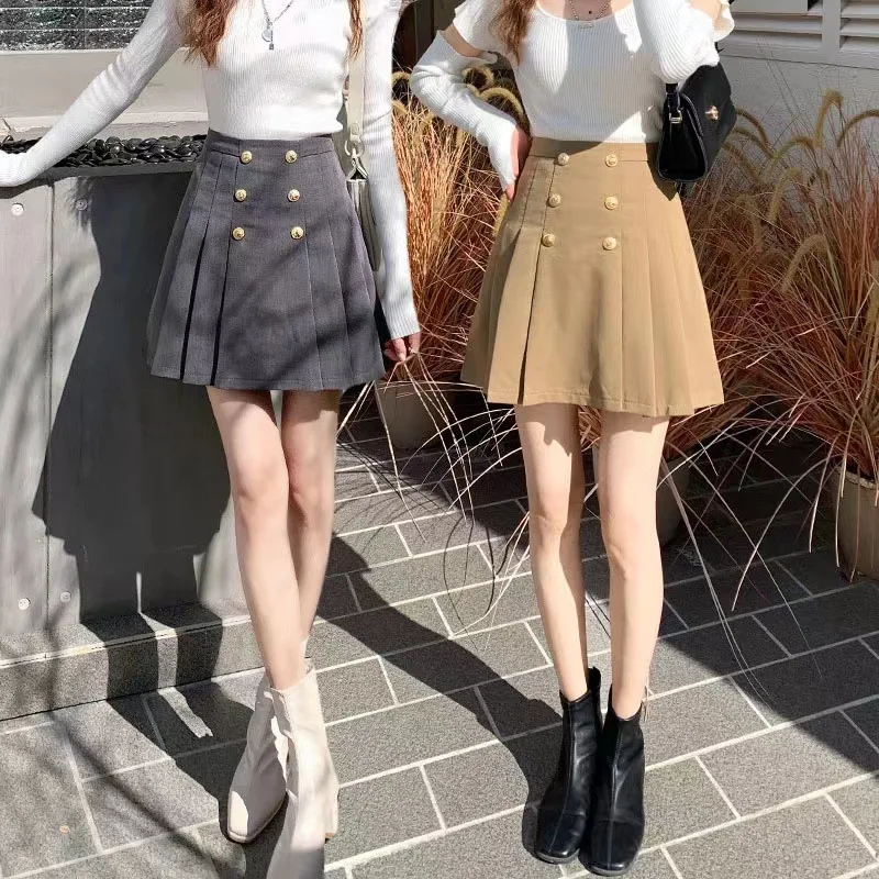 ファッションダブルブレストスーツプリーツスカート女性のハイウエスト A ラインミニスカート安全ショートスカート