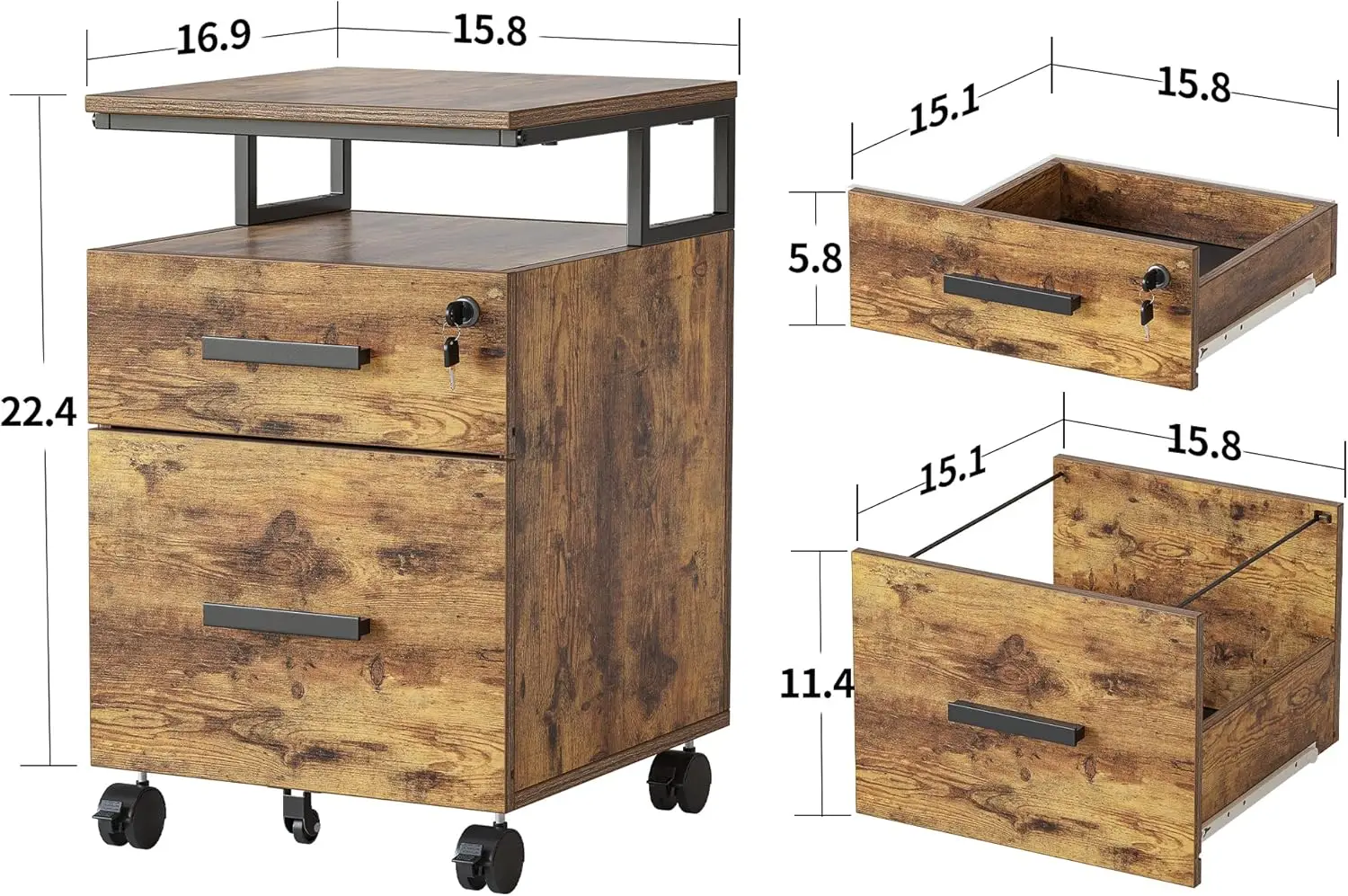 2-MELFile Cabinet avec serrure pour le bureau à domicile, format lettre, support d'imprimante, rangement en bois, classeur mobile, blanc