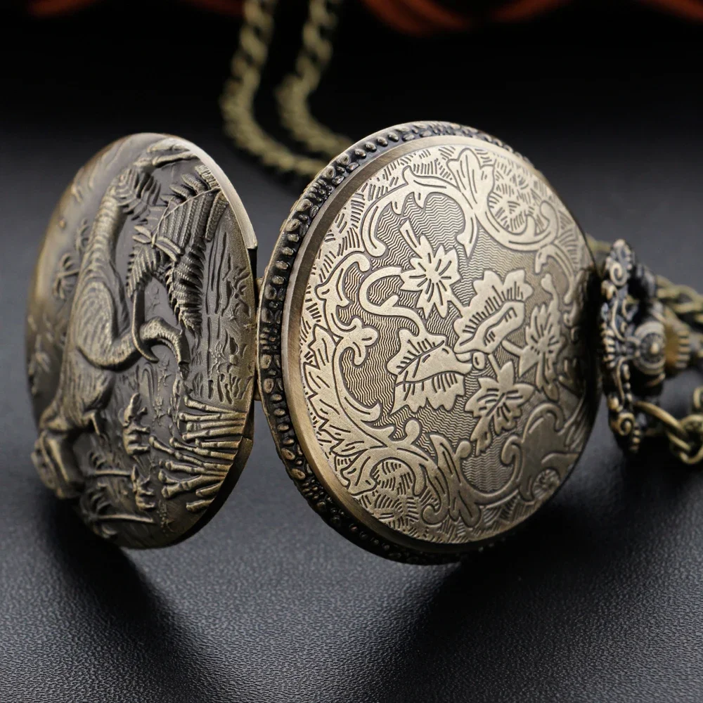 Classic Dinosaur World Tyrannosaurus Time Gemstone Quartz Pocket Watch Necklace Pendant Men's and Women's Clock Gift