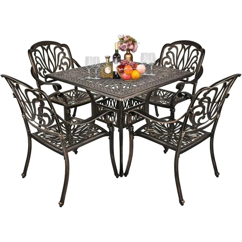 Aluminum 5-Piece Patio Dining Set with 4 Chairs and Umbrella Table for Outdoor, Bronze