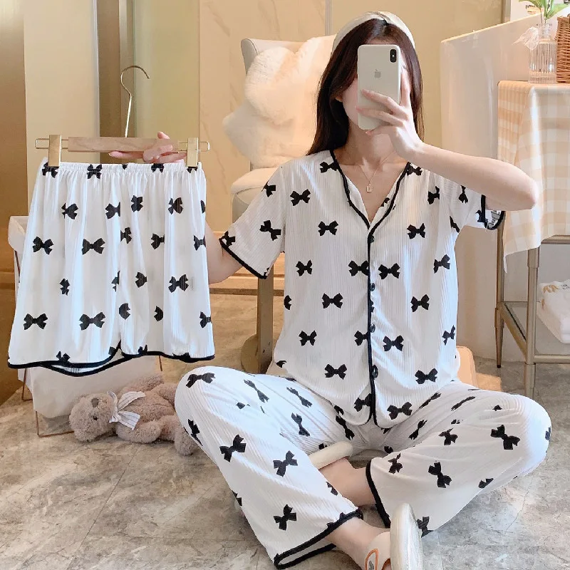 Women\'s Pajamas Three-piece Bows Pajamas Female Cartoon Short Sleeve Long Pants Lapel Loungewear Set Pajamas Female Home Wear